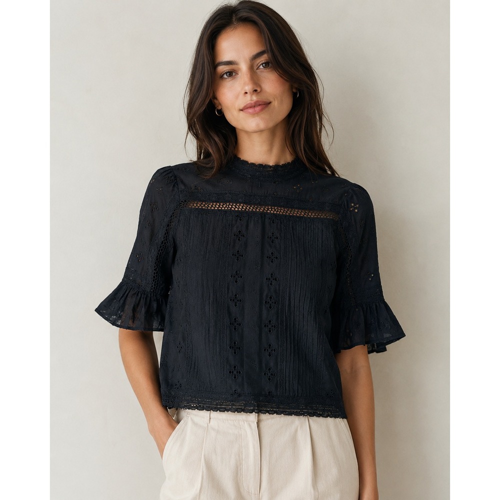 Ulla Johnson Black Eyelet Lace-Trim Blouse, size small.